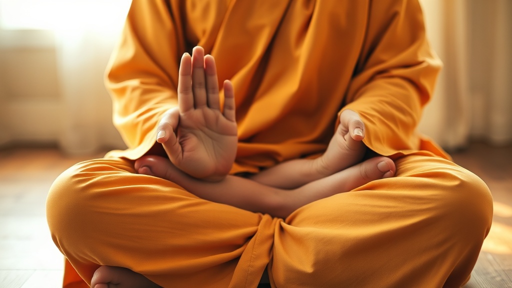 Mains en mudra de méditation posées sur les genoux lors d'une séance bouddhiste