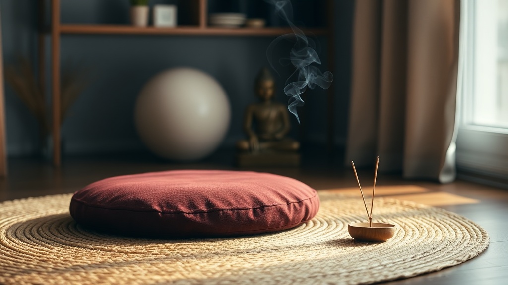 Coin de méditation avec coussin zafu bordeaux, statue de Bouddha et encens