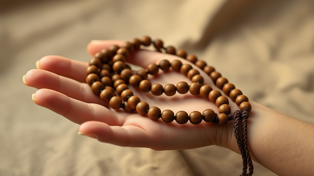 Mala bouddhiste traditionnel en bois tenu dans la paume d'une main, 108 perles