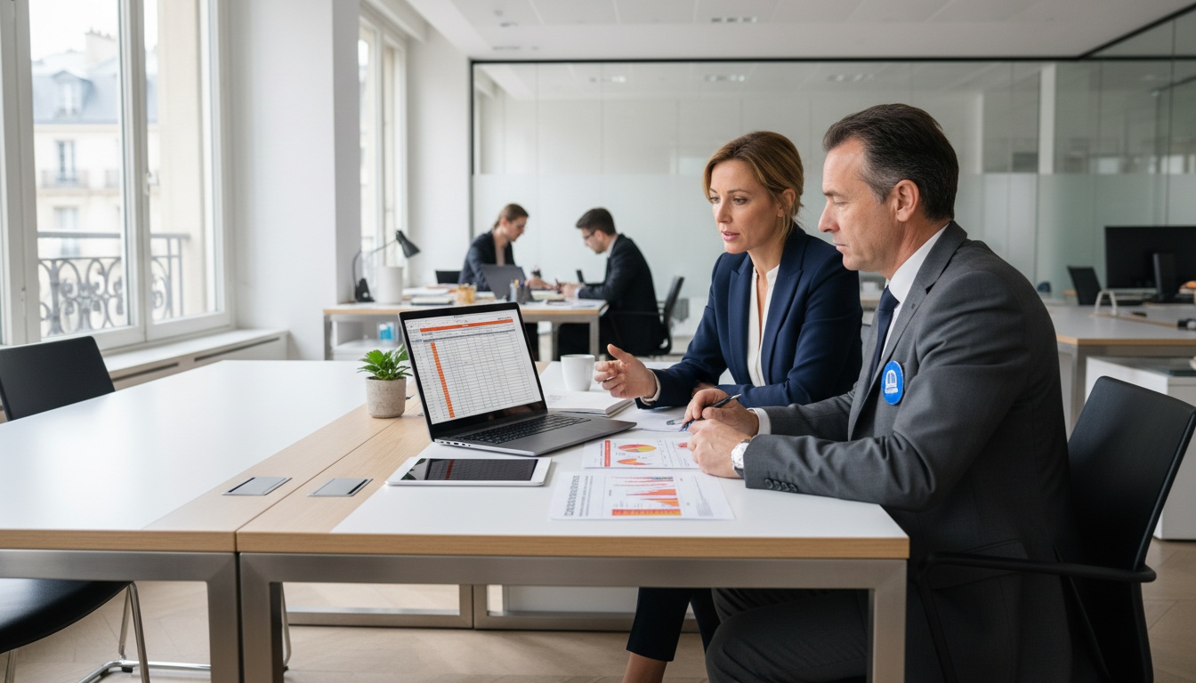 Chef d'entreprise et responsable sécurité travaillant ensemble sur la rédaction du Document Unique d'Évaluation des Risques Professionnels
