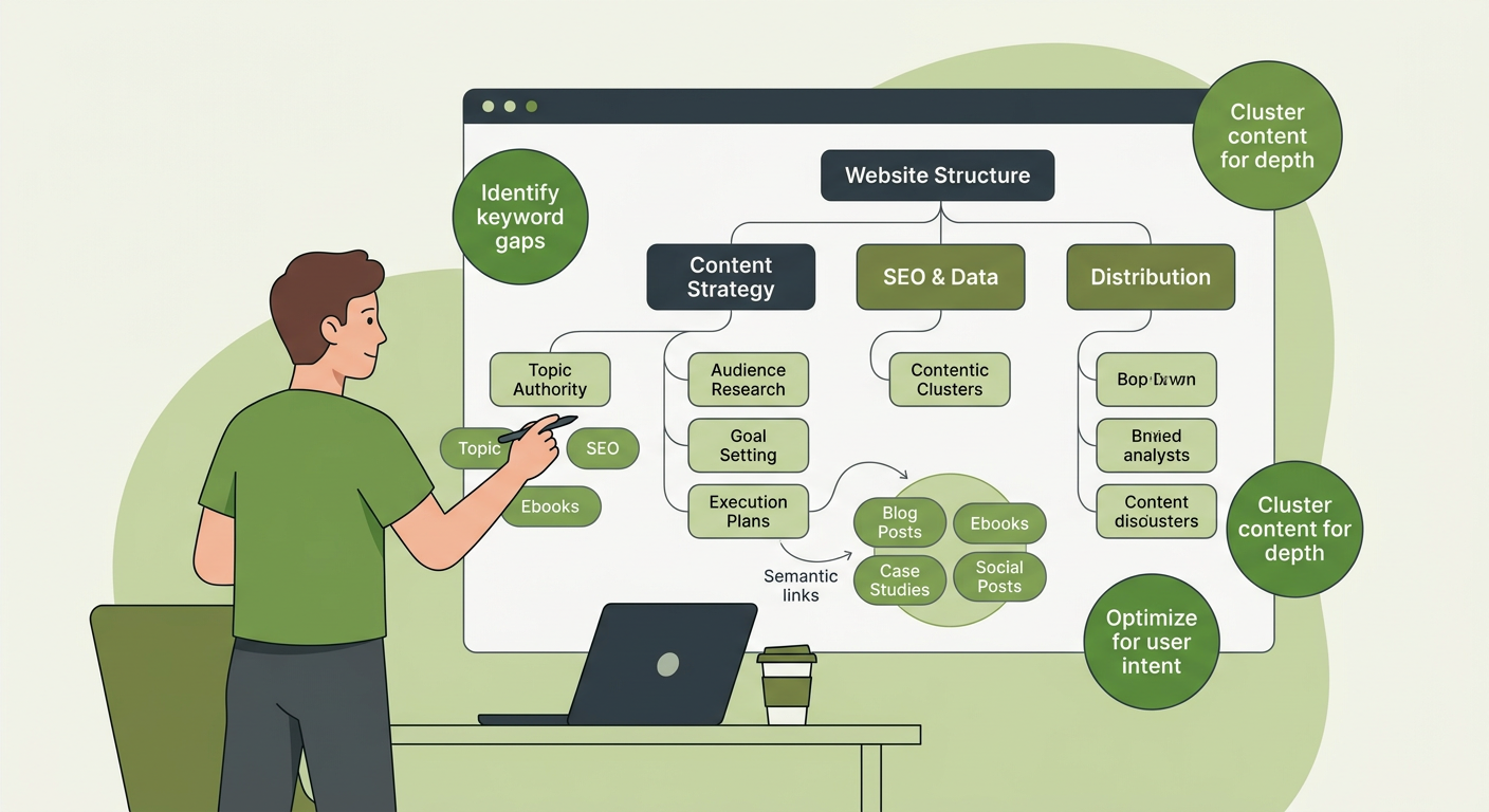 Minimal flat vector-style scene of a marketer reviewing a content map with topic clusters, semantic links, and AI answer b...
