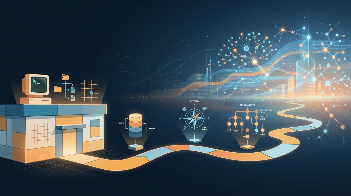 Illustrated path from early SEO foundations toward a structured digital future