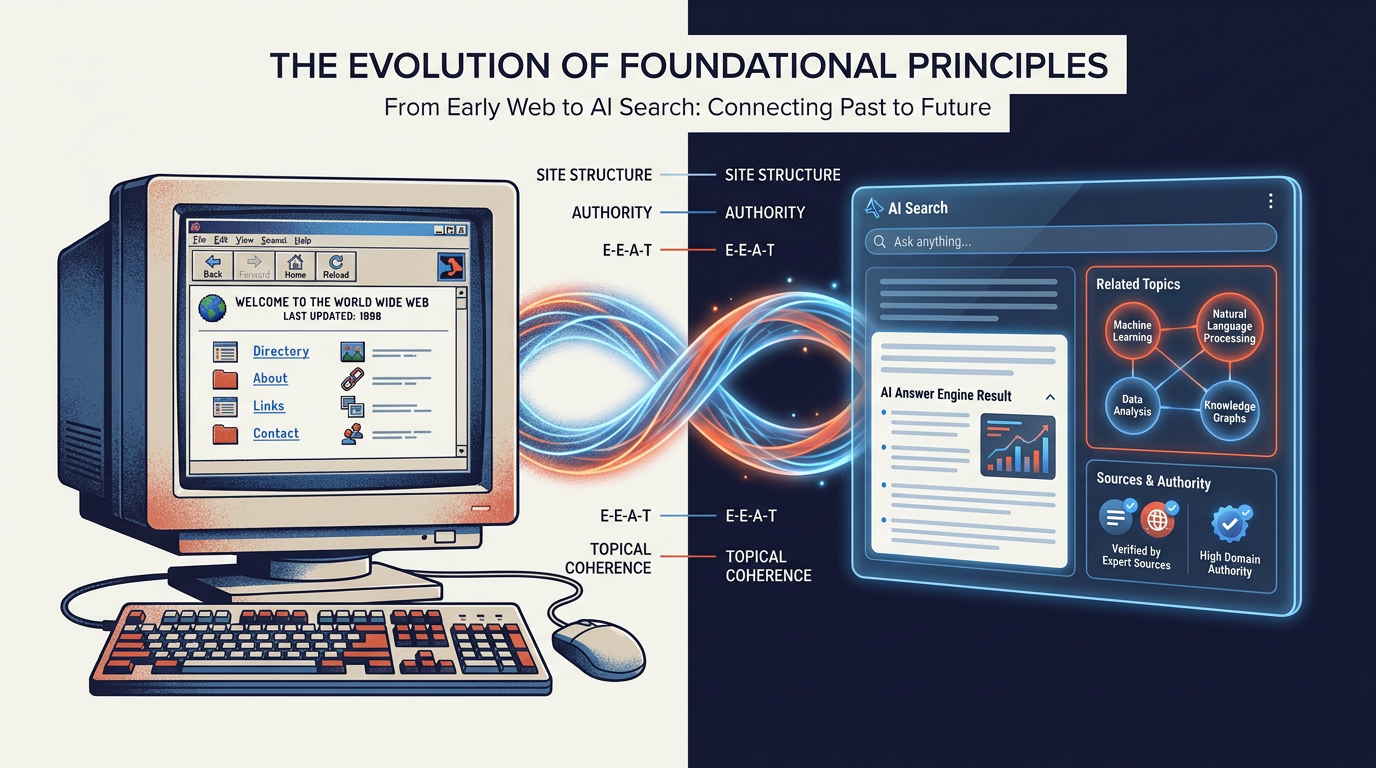 Split illustration comparing 1990s web browser and modern AI search interface, bridged by SEO principles