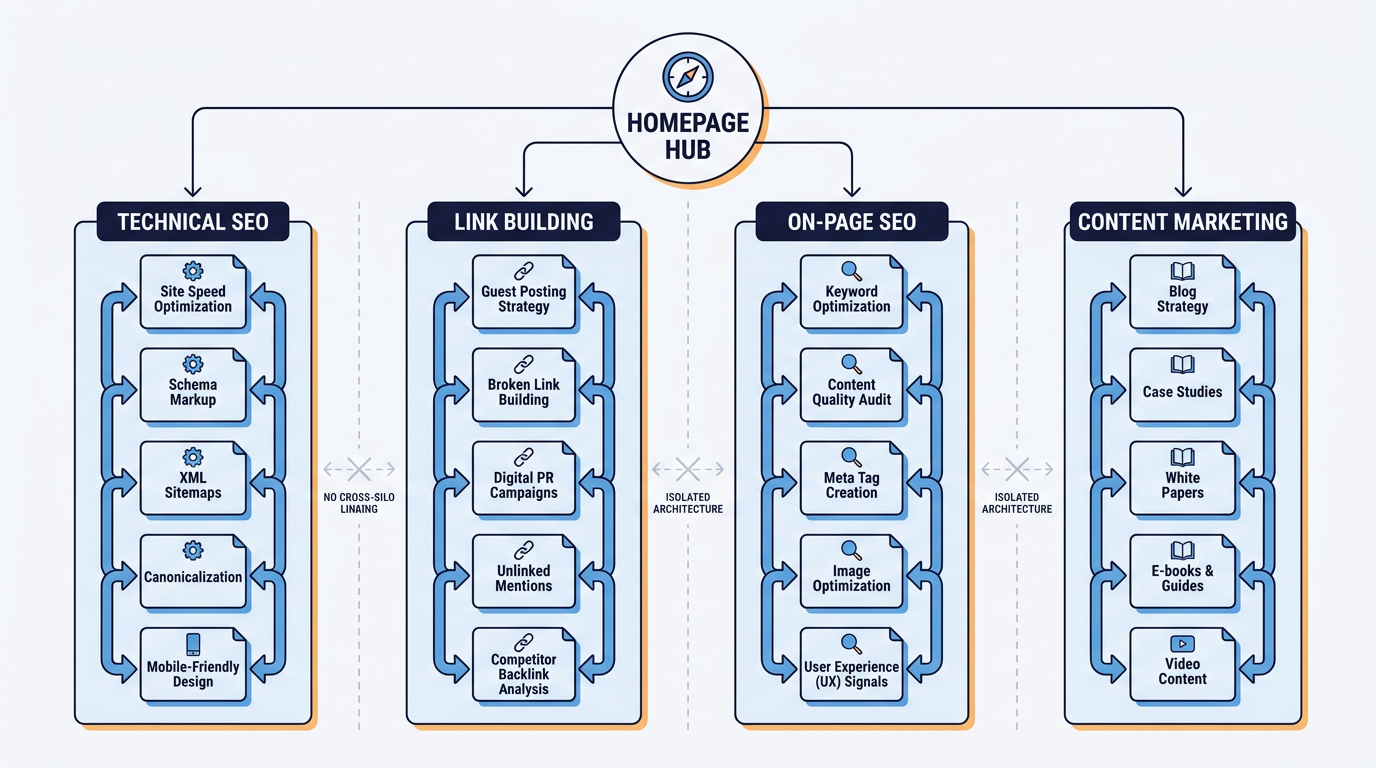 Content siloing website architecture diagram showing thematic silo hierarchy for topical authority