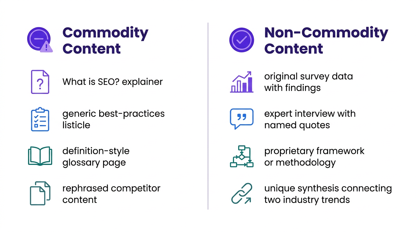 Infographic comparing commodity content examples versus non-commodity content for AI search citation