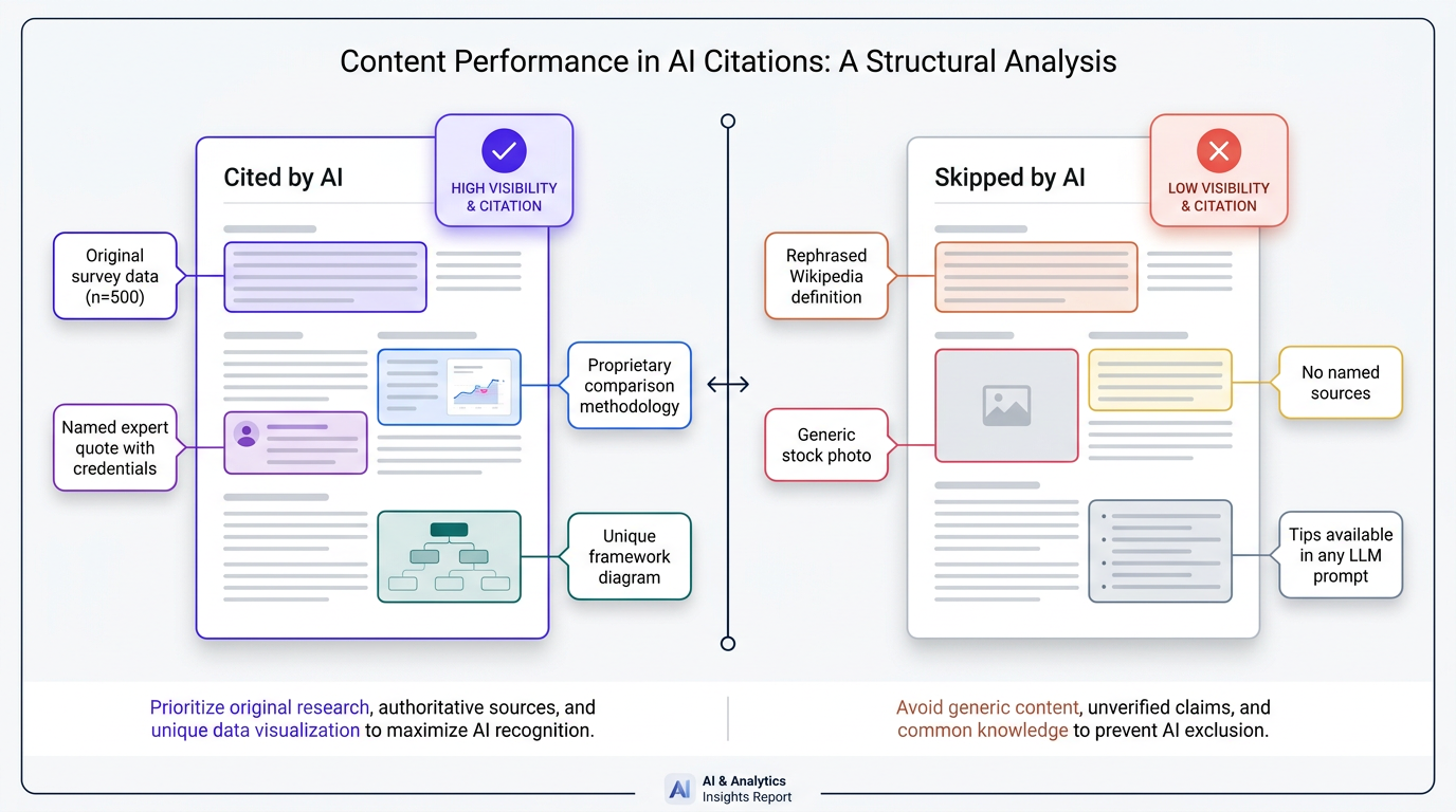 Diagram comparing AI-cited versus skipped content page elements