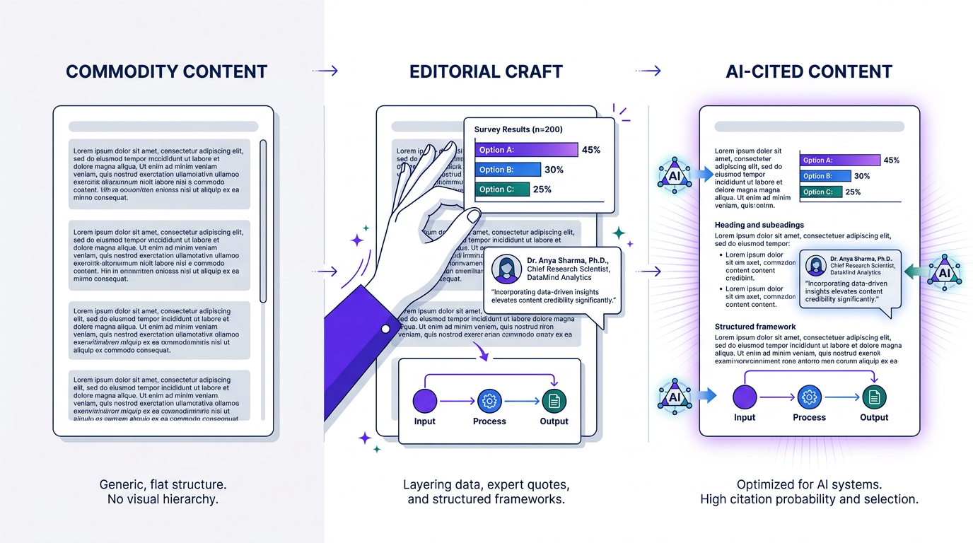 Illustration showing commodity content upgraded with original data, expert quotes, and AI citations