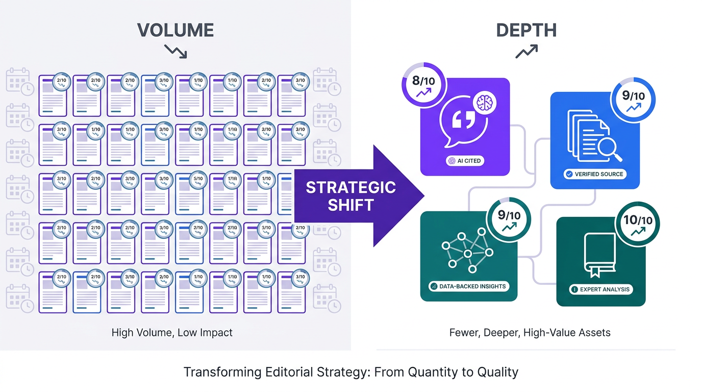 Illustration showing editorial strategy shift from commodity content volume to high-depth AI-citable assets