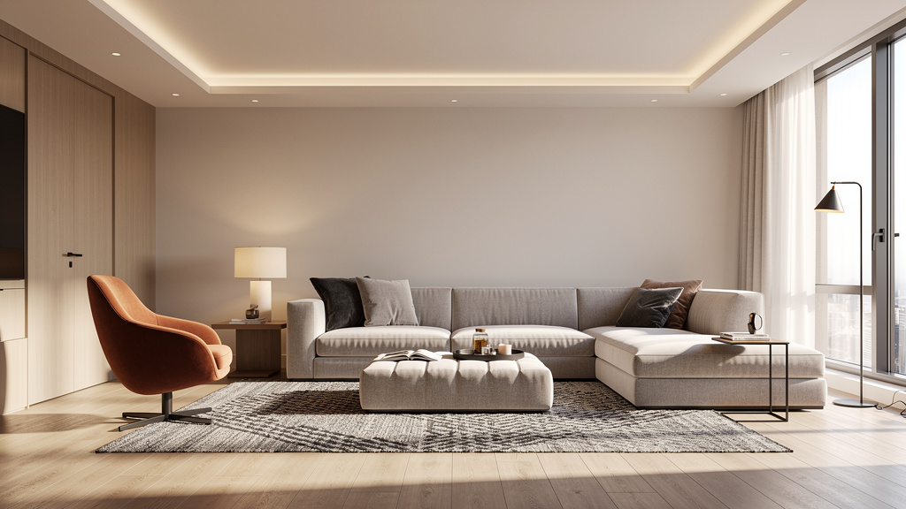 A refreshed modern living room with a sectional sofa, accent chair, patterned area rug, and warm ambient lighting | Mubboo