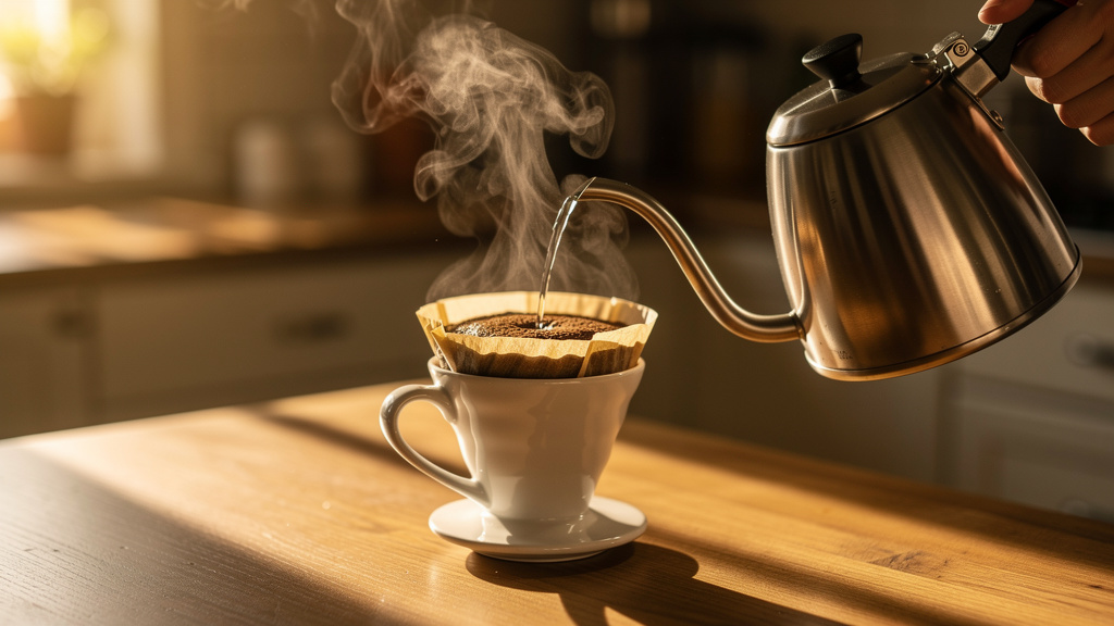 A gooseneck kettle pouring water over a manual pour-over coffee dripper | Mubboo