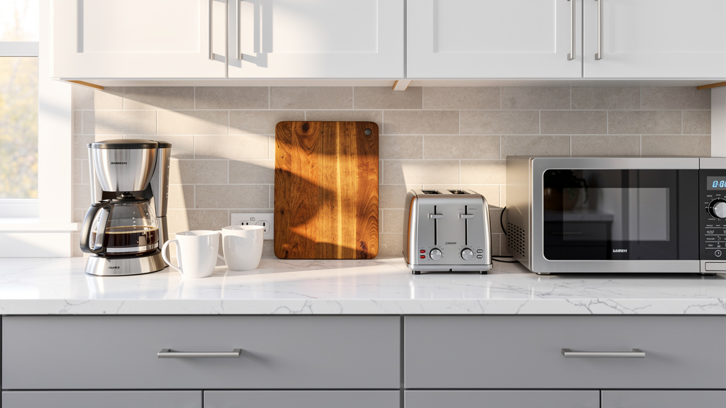 A bright modern kitchen countertop with a coffee maker, toaster, microwave, and wooden cutting board arranged neatly | Mubboo