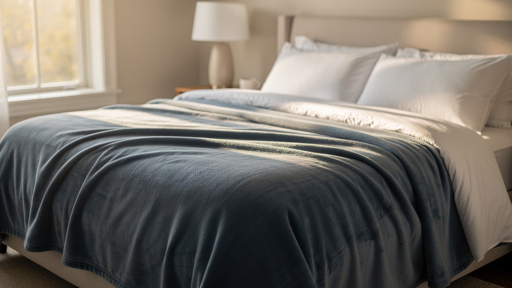 A stone blue fleece blanket on a king size bed