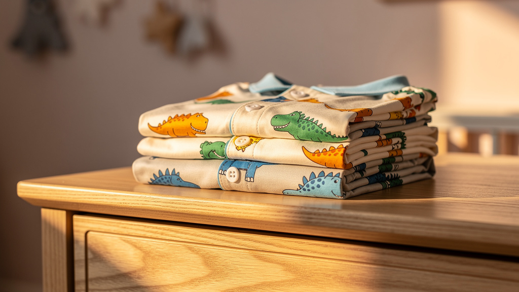 A neatly folded stack of dinosaur-print cotton toddler pajama sets on a dresser
