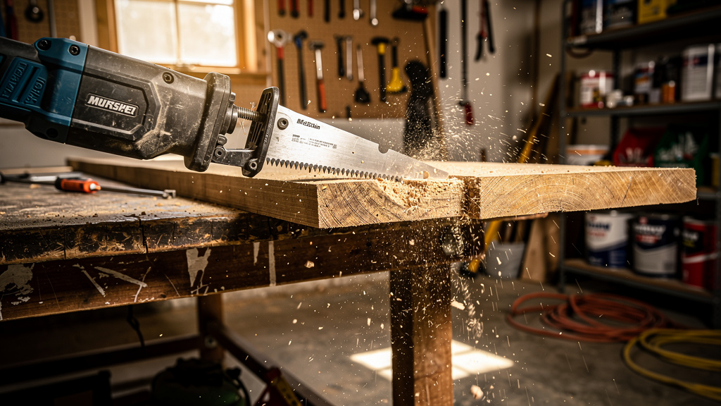 A cordless reciprocating saw cutting through wood on a workbench | Mubboo
