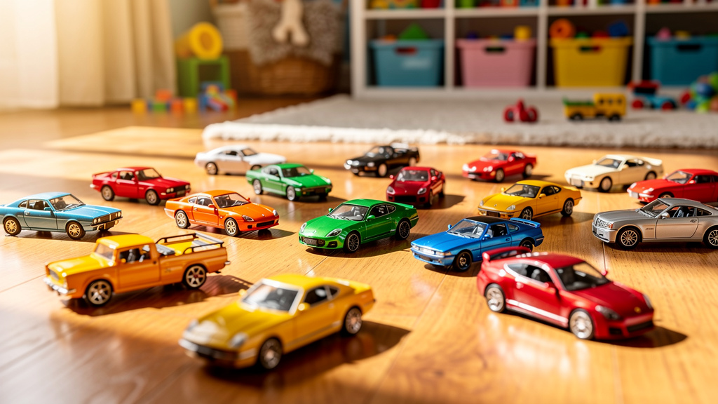 A colorful assortment of small die-cast toy cars on a wooden floor