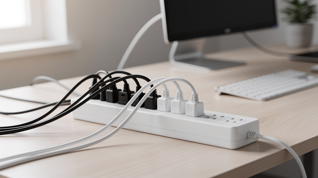 A power strip surge protector on a desk with cables plugged in | Mubboo