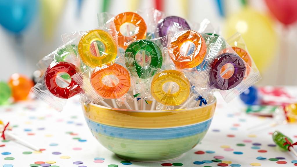 A colorful bowl of individually wrapped ring-shaped lollipop candies on a party table