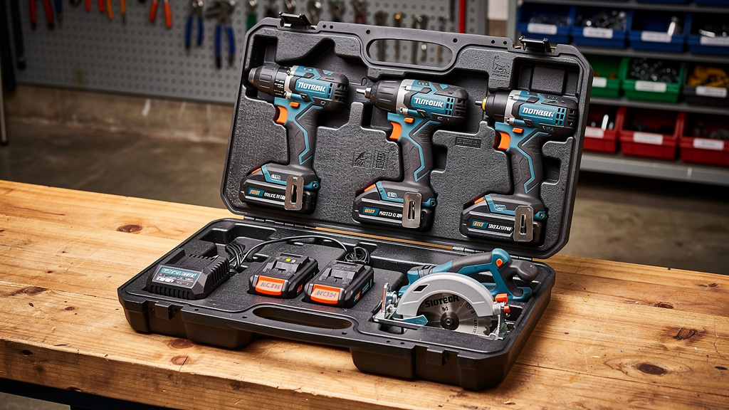 A cordless power tool combo kit laid out in a garage workshop | Mubboo