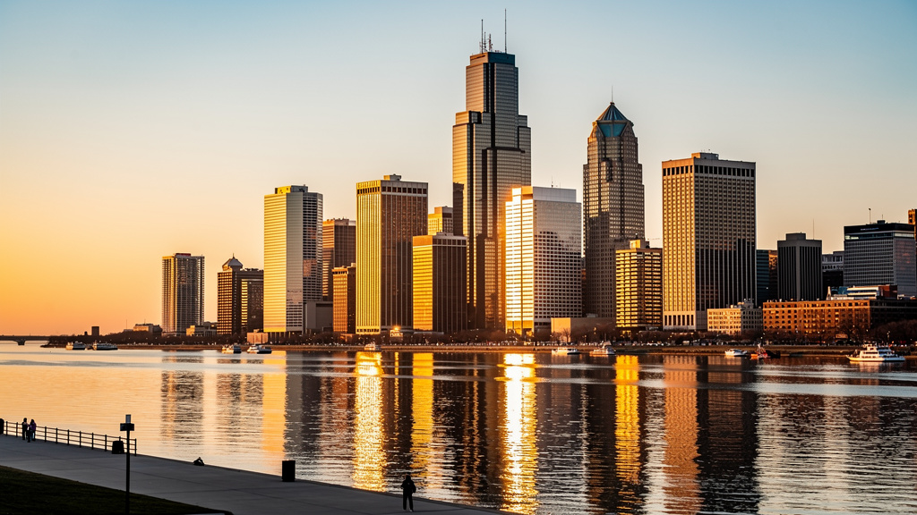Detroit skyline and riverfront activities