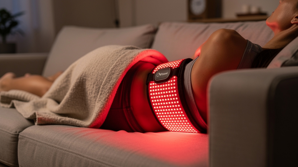 A person using a red light therapy wrap belt at home | Mubboo