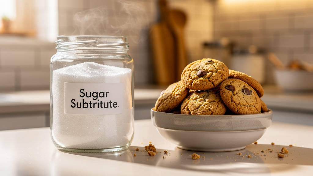 A jar of granulated sugar substitute next to freshly baked goods on a kitchen counter