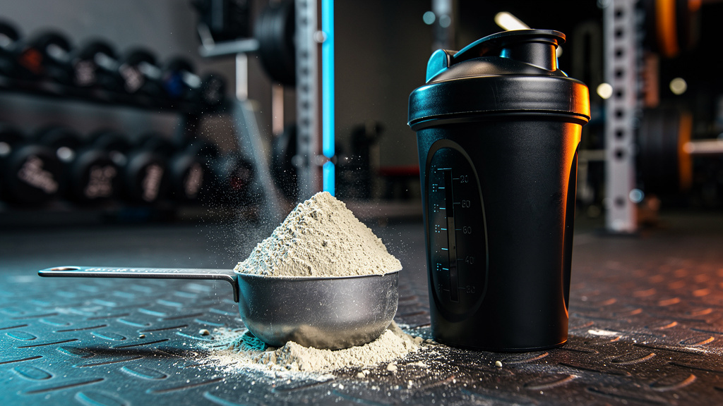 A scoop of pre-workout supplement powder next to a shaker bottle | Mubboo