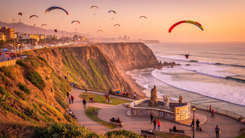 Miraflores coastal cliffs and Parque del Amor overlooking the Pacific Ocean in Lima, Peru