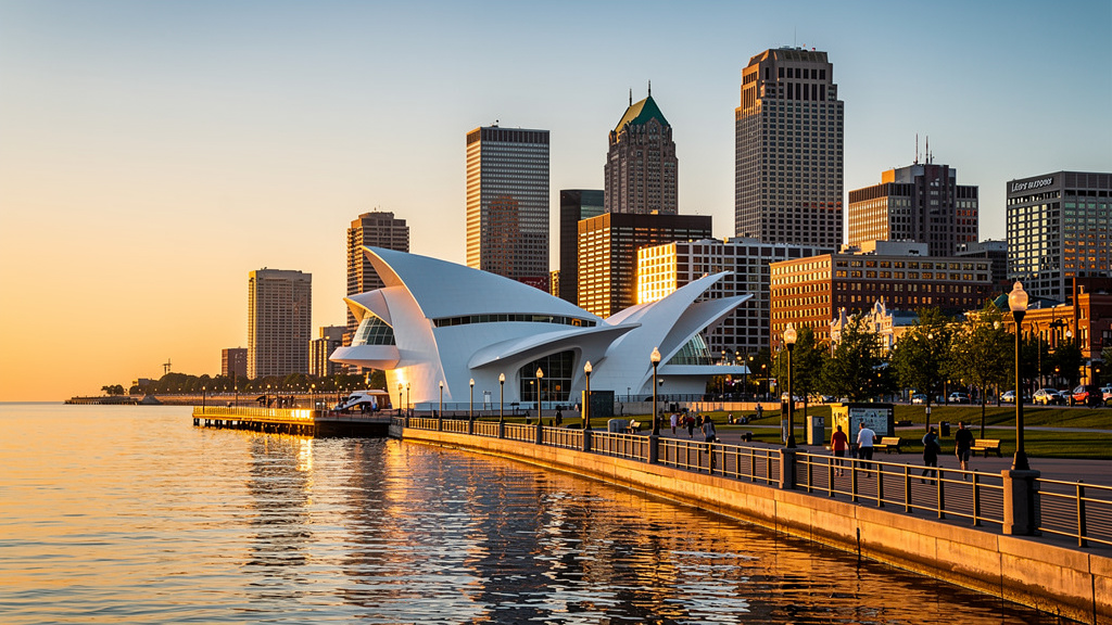 Milwaukee lakefront skyline and Riverwalk activities