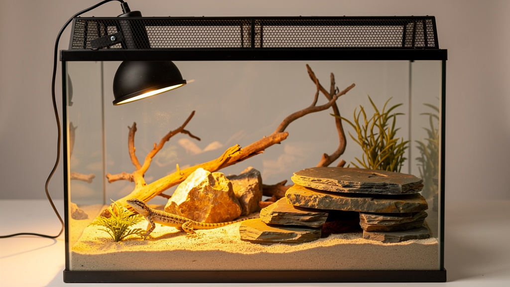 A reptile terrarium with a heat lamp clamped to the top | Mubboo
