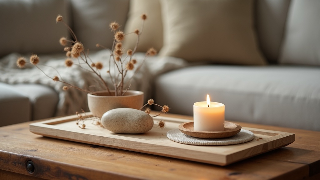 Styled coffee table tray with ceramics and natural objects in a rental living room