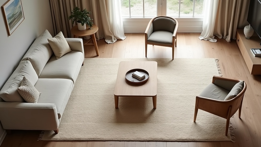 Large wool rug anchoring a Scandinavian rental living room