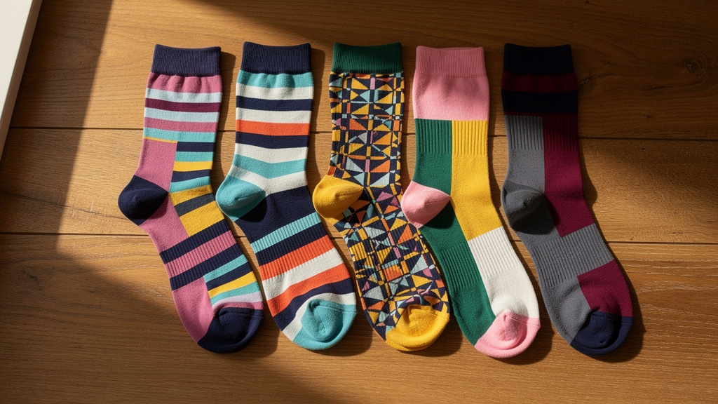 Several pairs of colorful compression socks laid out on a wooden surface