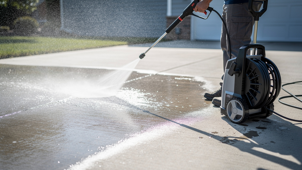 A person using an electric pressure washer to clean a driveway | Mubboo