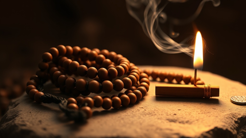 Mala en bois posé sur une pierre avec un bâton d'encens allumé, pratique bouddhiste