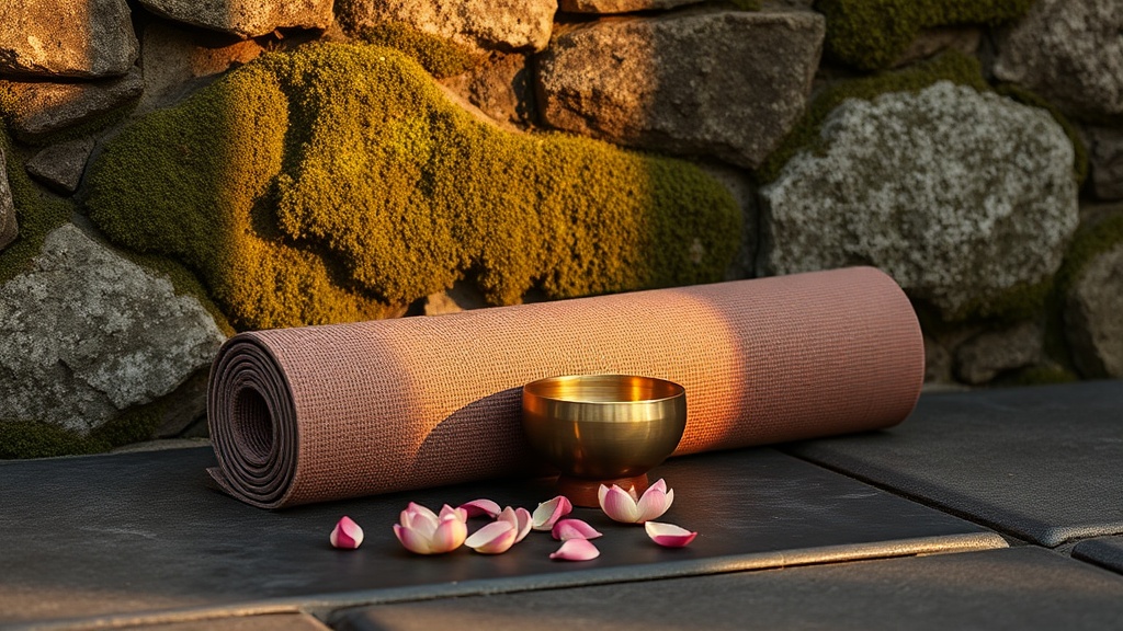 Tapis de yoga enroulé contre un mur de pierre avec bol chantant tibétain et pétales de lotus séchés