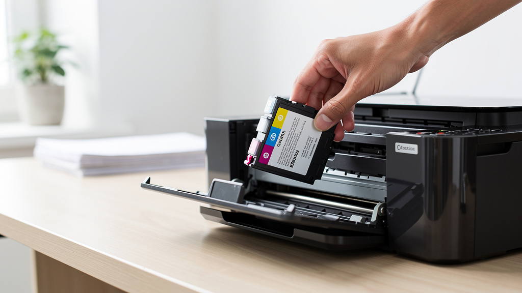 A hand inserting a printer ink cartridge into a home office printer | Mubboo