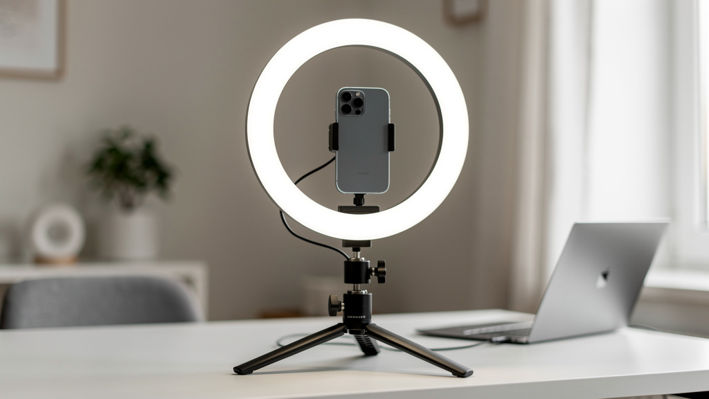 A ring light with phone mounted on a tripod in a home content-creation setup | Mubboo