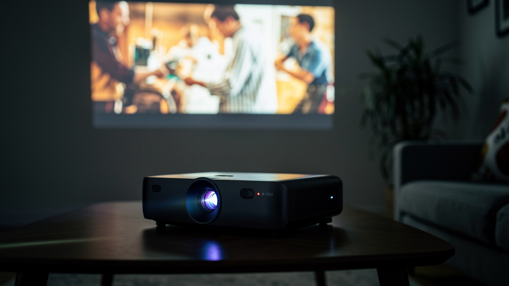 A portable projector displaying a movie on a wall in a dark living room | Mubboo