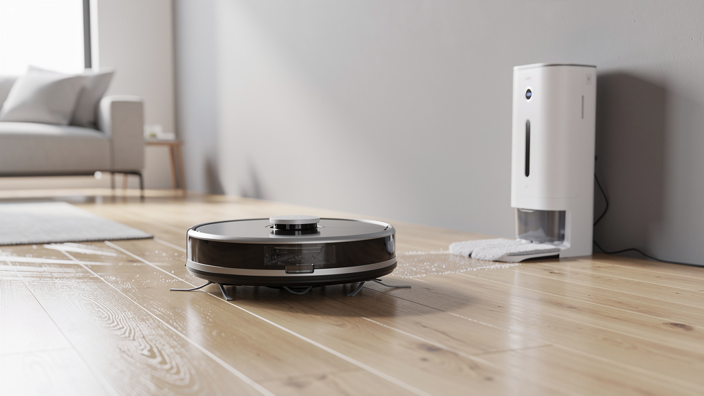 A robot vacuum and mop combo cleaning a hardwood floor next to its docking station | Mubboo