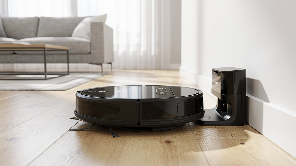 A robot vacuum cleaning a hardwood floor near its charging dock | Mubboo