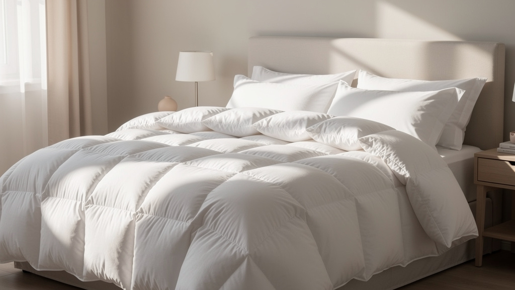 A fluffy white oversized comforter on a neatly made queen bed