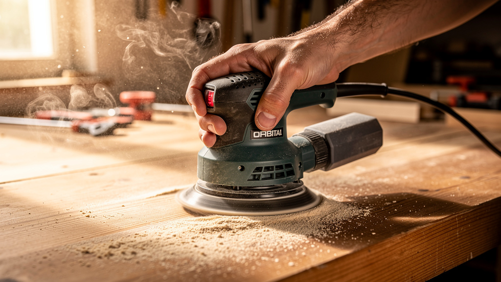 A hand using an orbital power sander on a wooden workbench | Mubboo