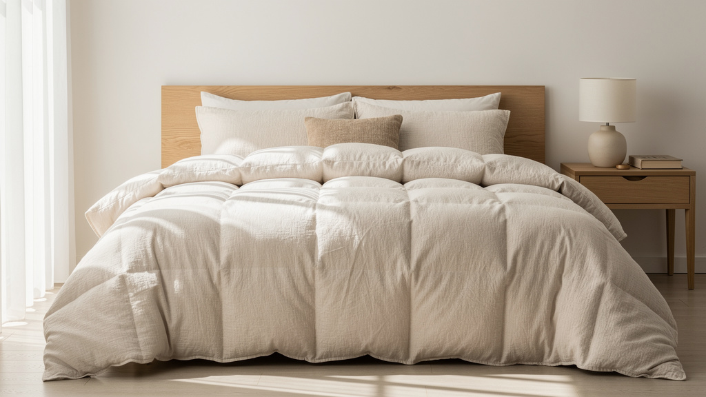 A soft linen-colored fluffy comforter on a neatly made queen bed