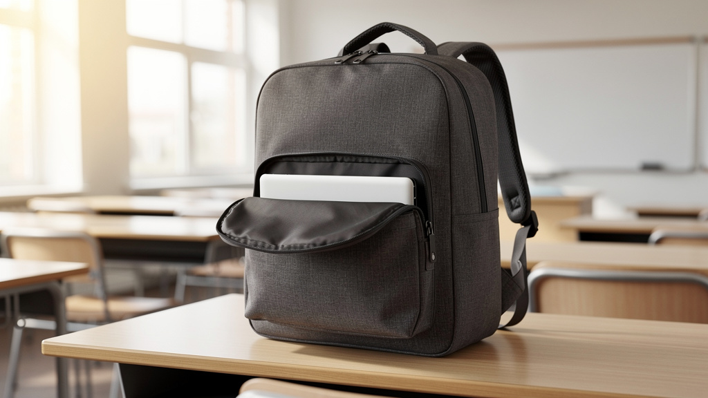 A school backpack with laptop compartment sitting on a desk in a bright classroom | Mubboo