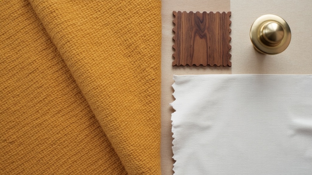 Mid century modern material swatches including boucle, walnut, and linen
