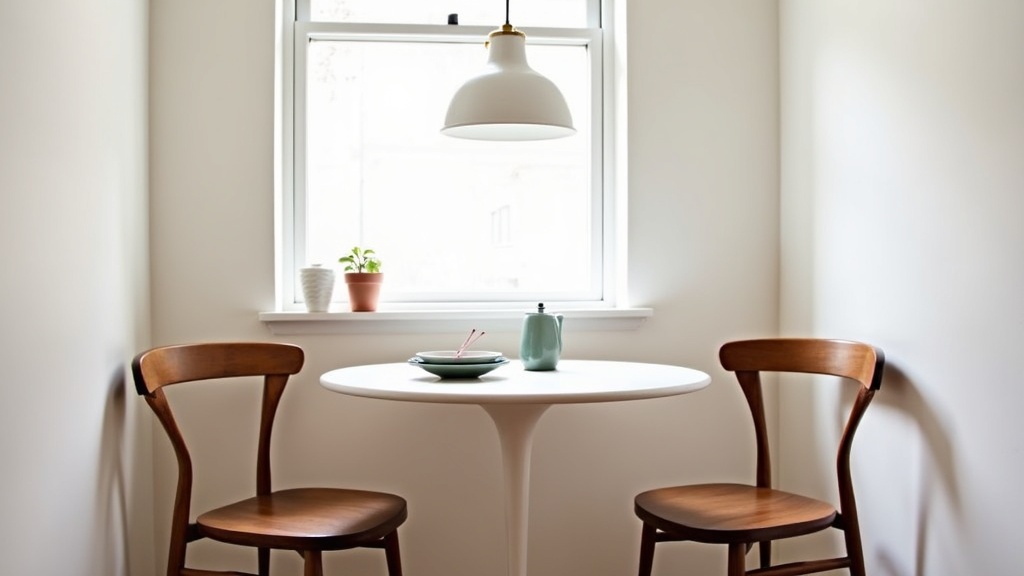 Round tulip dining table in a small mid century modern apartment dining nook