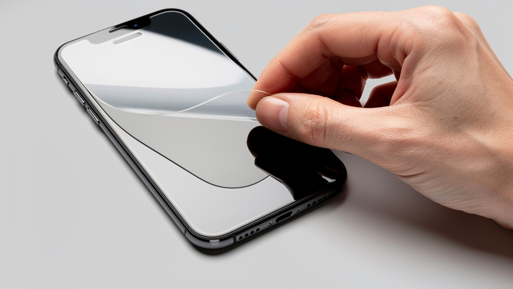 A hand applying a clear tempered glass screen protector onto a smartphone screen | Mubboo