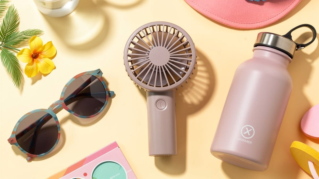 A small handheld personal fan on a bright summer travel background