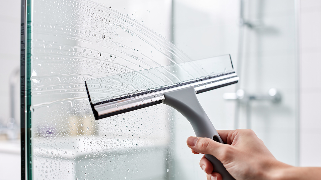 A squeegee cleaning a glass shower door
