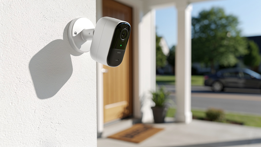 A home security camera mounted on an exterior wall monitoring a front porch | Mubboo